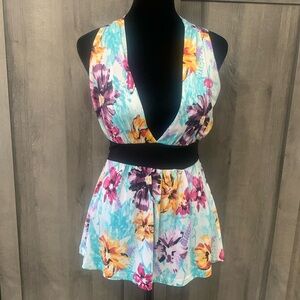 Blue Sleeveless Top With Pink, Purple & Yellow Flowers With Back Tie Women's S